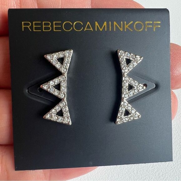 Rebecca Minkoff Silvertone Crystal Triangle Ear Climbers earrings NWT - Picture 2 of 5